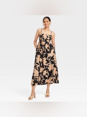 New with Tag A New Day Floral Midi Spaghetti Straps Dress Black Tan Beige XS